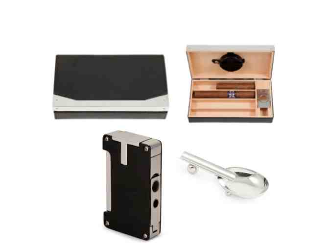 4 Cigar Black Leather Humidor, Torch Lighter & Stainless Steel Single Cigar Ashtray