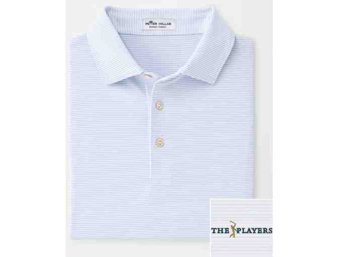 Men's Peter Millar Halford Performance Polo, White/Lake Blue with THE PLAYERS logo- Small