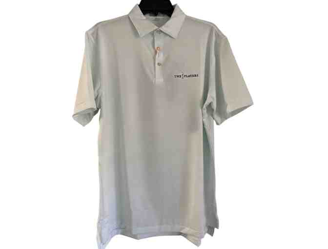 Men's Peter Millar Halford Performance Polo, White/Yucca with THE PLAYERS logo- Large