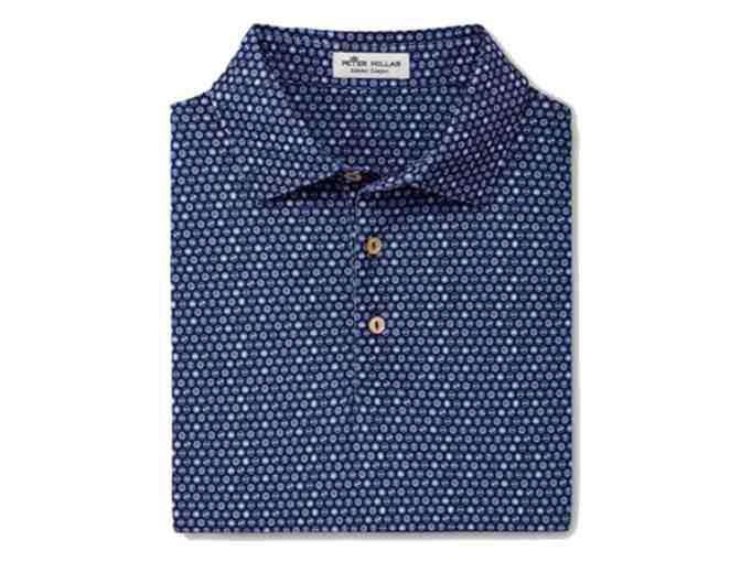 Men's Peter Millar Knit Printed Bottle Caps Polo, Navy with THE PLAYERS logo- XLarge