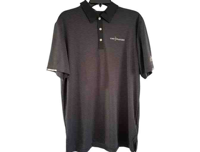 Men's Adidas HEAT.RDY Striped Polo, Black/Carbon with THE PLAYERS logo- Large