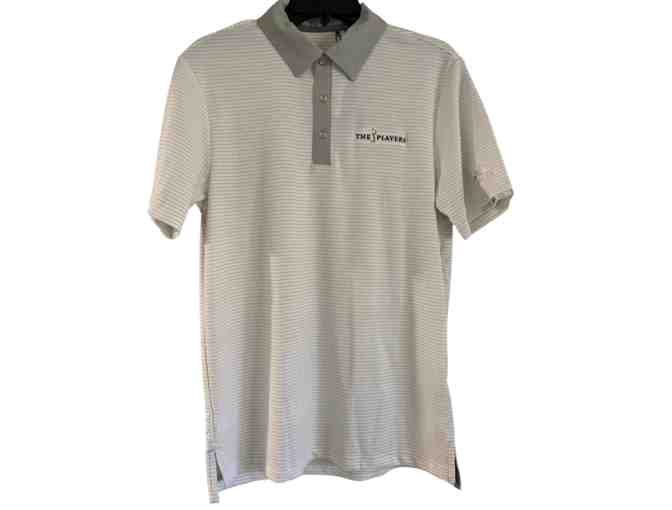 Men's Adidas HEAT.RDY Striped Polo, White/Gray with THE PLAYERS logo- XLarge
