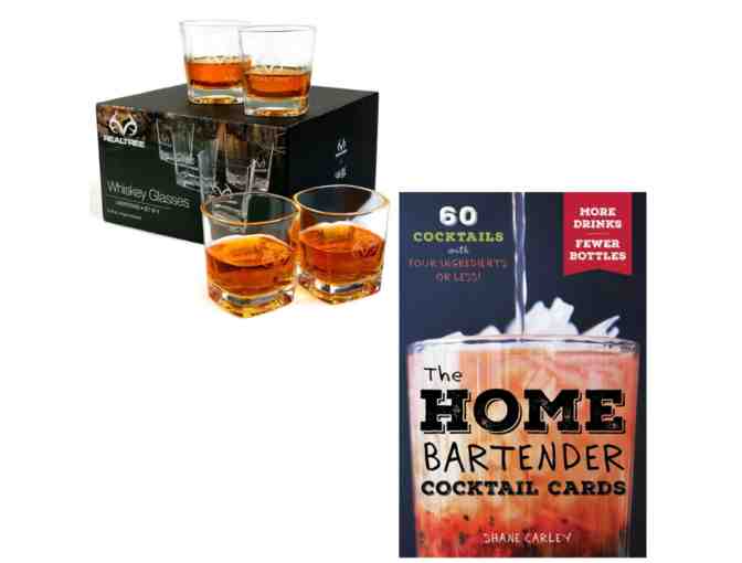 Real Tree Set of 4 Whiskey Tumblers and Home Bartender Cards