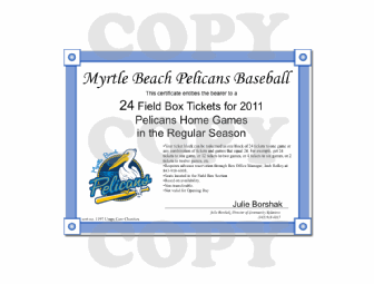 Myrtle Beach Pelicans Field Box Ticket Block (24 tickets)