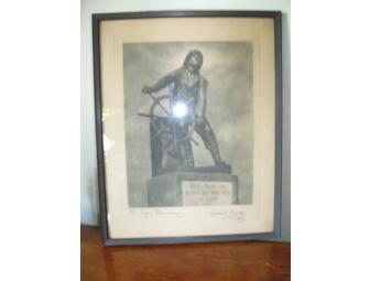 Signed, framed image of Man at the Wheel statue