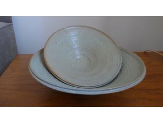 Nested Pair of Hand-thrown, Light Green, Ceramic Bowls