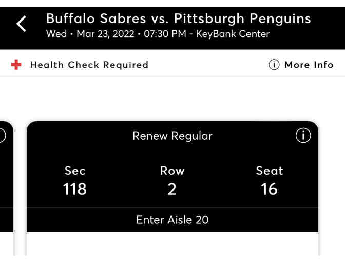 2 Tickets: Buffalo Sabres VS Pittsburgh Penguins; March 23rd, 7:30 PM @ Keybank Centre