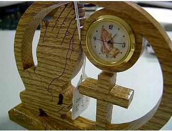 Wooden Clock with Praying Hands and Cross