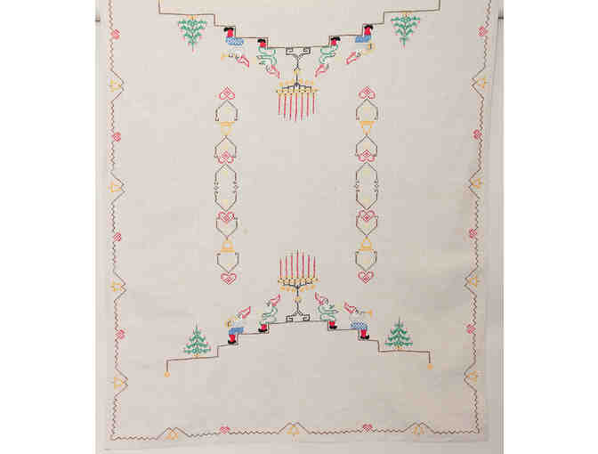 Vintage Linen Table Cloth with Embroidered Christmas Motifs
