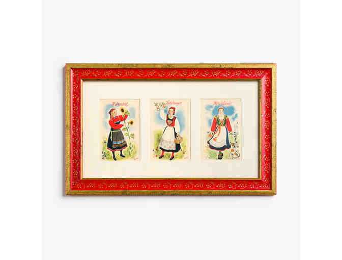 Set of Nine Vintage Watercolor Postcards of Norwegian Bunader, Displayed in Three Frames