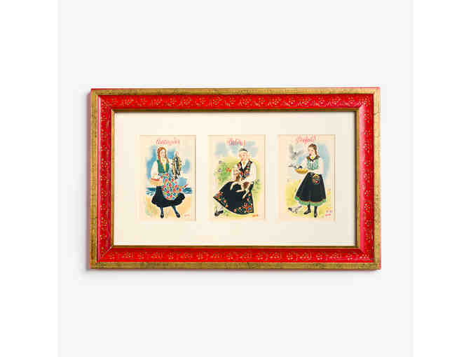 Set of Nine Vintage Watercolor Postcards of Norwegian Bunader, Displayed in Three Frames