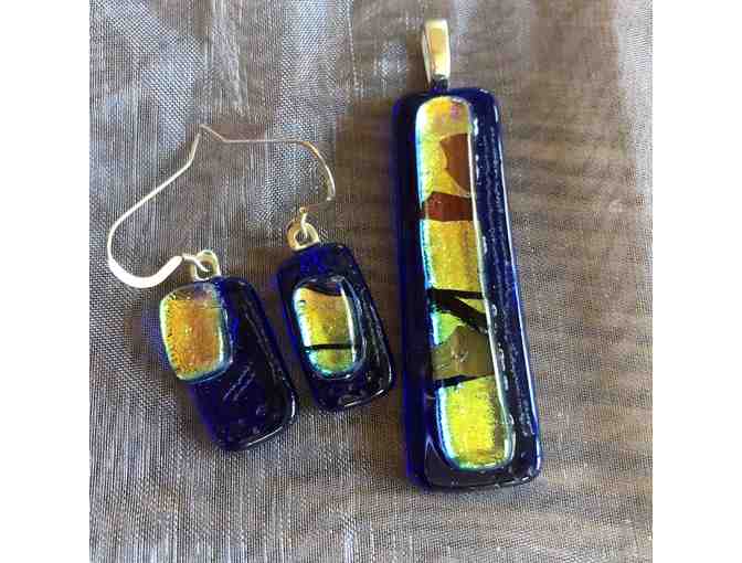 Blue Fused glass wearable art earrings and pendant - Photo 1