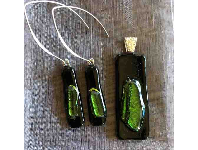 Green fused glass wearable art earrings and pendant