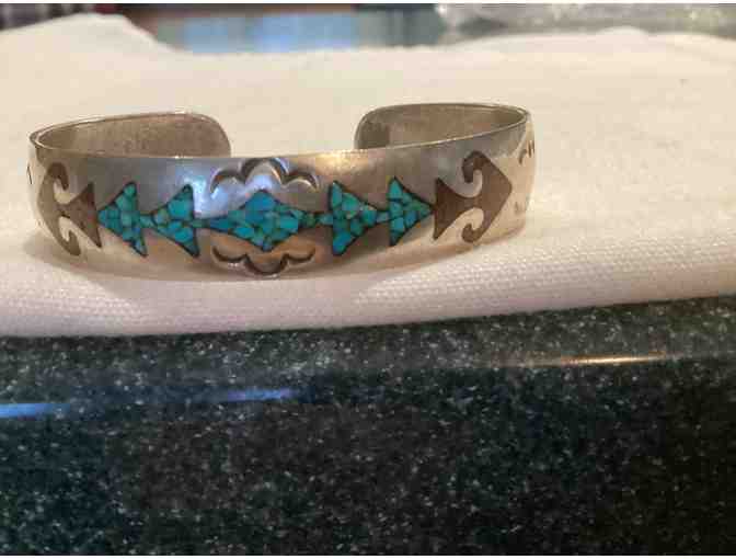 Native American Joleen Yazzie Sterling Silver Turquoise Coral Chip Cuff Bracelet