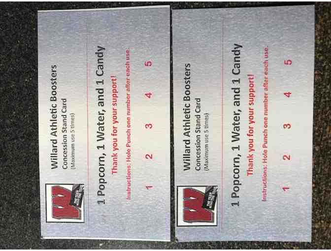 Two - Popcorn/water/candy punch cards from Willard Athletic Boosters