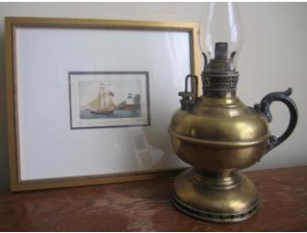 Antique Brass Hurricane Lamp and Watercolor Painting