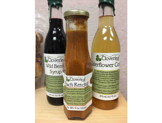 Gourmet Gift Basket w/ local and organic sauces, jams, and fruit from The Cloverleaf Farm