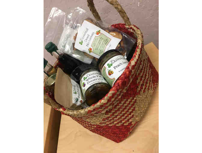 Gourmet Gift Basket w/ local and organic sauces, jams, and fruit from The Cloverleaf Farm