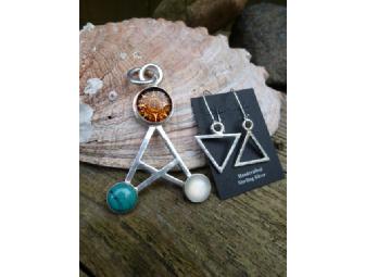 'Earth Sun Moon' Sterling Silver Pendant with amber, turquoise and moonstone cabochons