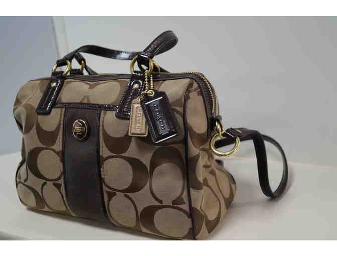 COACH signature stripe satchel bag 2-WAY F24364 Brown ??A? khaki canvas x leather GD metal