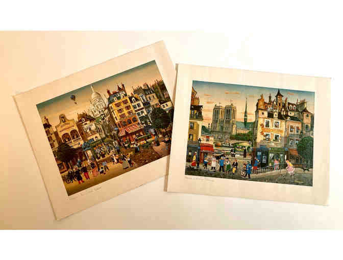 Faience Saltiere and Poivriere plus Two Charming Lithographs of Paris