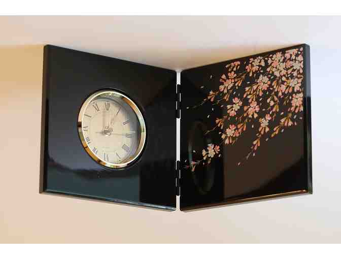 Japanese Laquerware Folding Desk Clock with Cherry Blossoms