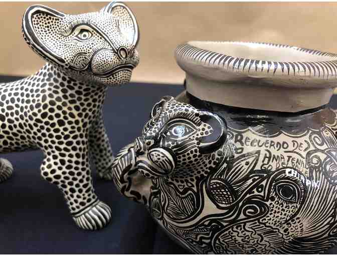 Mexican Bisque Pottery. Chiapas, MX, Jaguar and Vessel