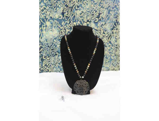 Necklace &  Earrings: Jade, Volcanic Beads and Quartz Medallion