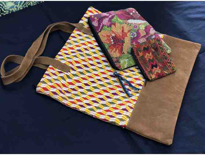 1 Handwoven textile bag and 2 small embroidered bags