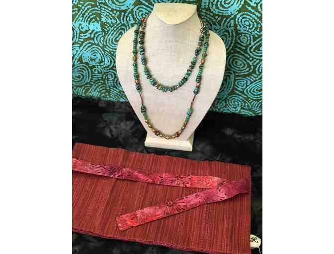 Guatemalan Jewelry Wrap & 2 Necklaces: Tibetan prayer beads