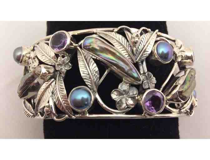 Sterling Silver Bracelet with Abalone, Amethyst, and Blue Pearls