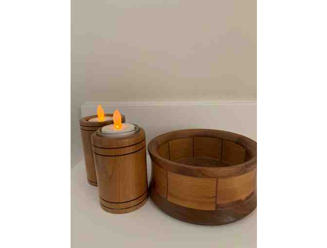 Handcrafted Wooden Bowl and Candle Holders