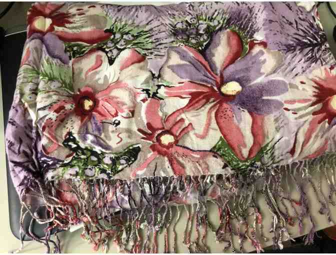 Large floral reds and purple and mauve scarf