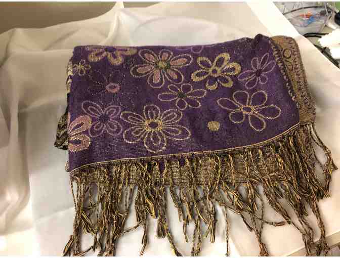 Purple/golds/silver and black metallic thread scarf