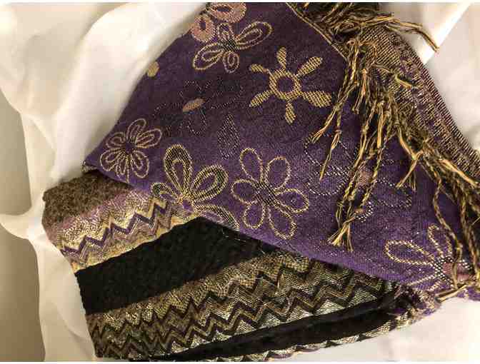 Purple/golds/silver and black metallic thread scarf