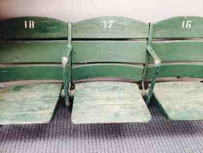 Bank of three (3) green wooden Tiger Stadium seats removed in 1977