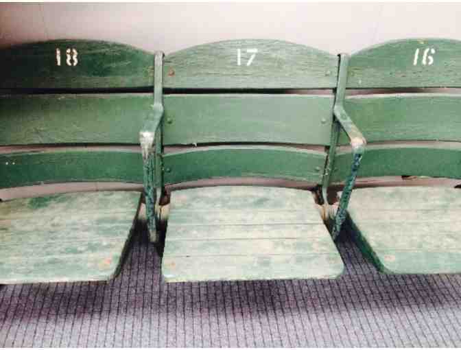 Bank of three (3) green wooden Tiger Stadium seats removed in 1977