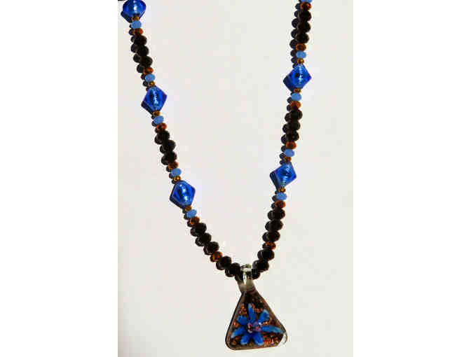 Hand Blown Glass Floral Pendant Necklace with Black and Teal Glass Beads-Lot 48 - Photo 2