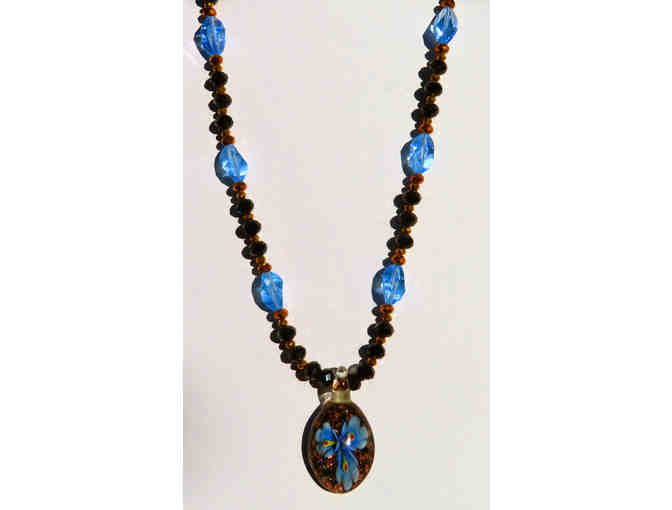 Hand Blown Glass Flower Pendant with Black and Blue Glass and Crystal Accents-Lot 49 - Photo 2