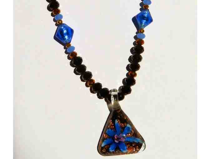 Hand Blown Glass Floral Pendant Necklace with Black and Teal Glass Beads-Lot 48 - Photo 1