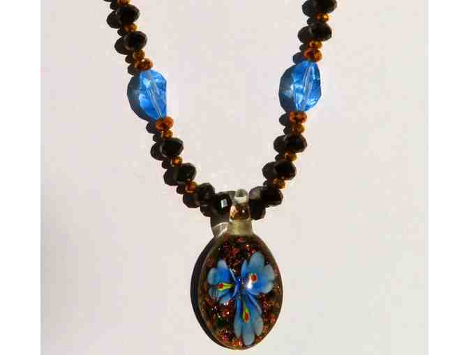 Hand Blown Glass Flower Pendant with Black and Blue Glass and Crystal Accents-Lot 49 - Photo 1