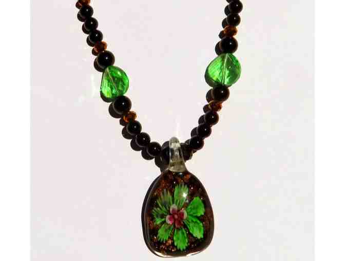 Hand Blown Glass Pendant with Black Onyx and Light Green Crystals-Lot 53b - Photo 1