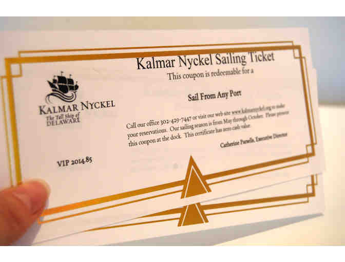 Two tickets for a sail on Kalmar Nyckel, the Tall Ship of Delaware.