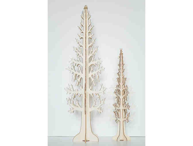 Two light wood tree sculptures