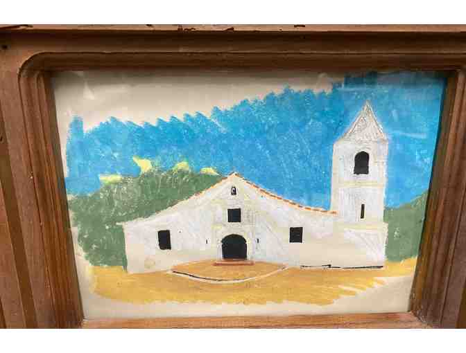 Painting of White Church, Heavy Wood Carved Framed