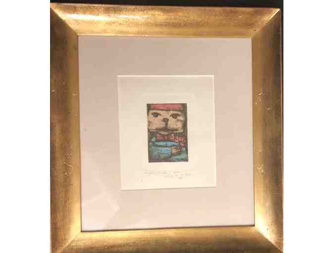 "El Gato Y Sunfloer" Cat Etching by Luis Solari - Gold Frame - Photo 1