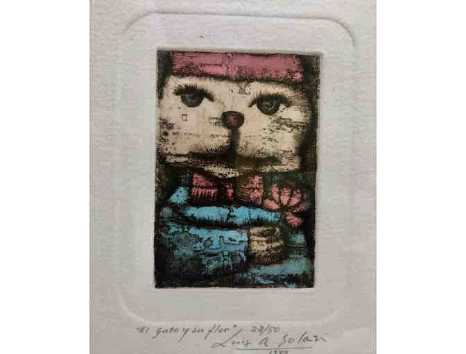 "El Gato Y Sunfloer" Cat Etching by Luis Solari - Gold Frame - Photo 2