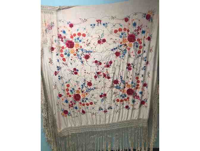 Beautiful Tablecloth/Throw with Embroidered Flowers and Fringe
