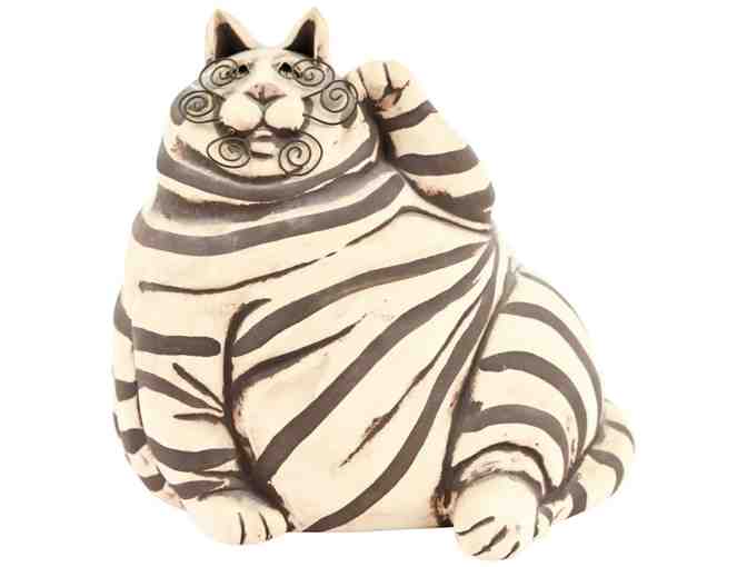 Artist signed Whimsical STRIPED CAT Piggy Bank 9.5' tall
