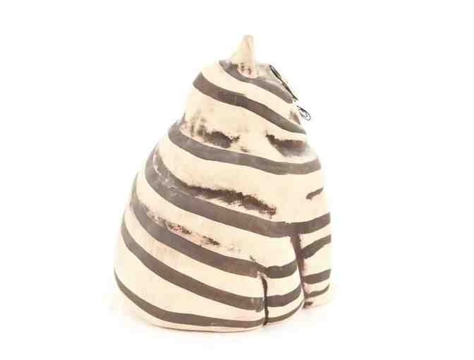 Artist signed Whimsical STRIPED CAT Piggy Bank 9.5' tall